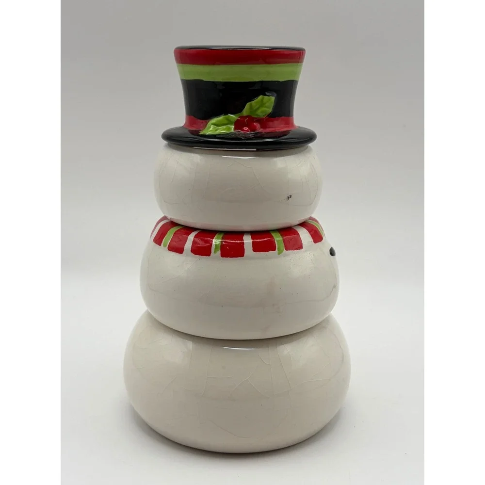 Pier 1 Stacking Ceramic Snowman Measuring Cups Christmas Candy Snack Bowls Set